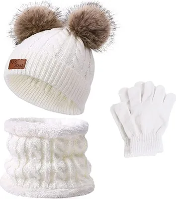 Produktbild von Mütze und Halstuch Baby Set,Bommel Beanie Strickmütze Schalmütze,Mütze und Halstuch Baby,Mütze und Halstuch für Kinder,Schal Mütze und Handschuhe