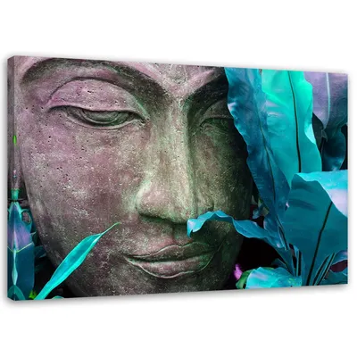 Produktbild von Leinwandbild buddha-gesicht mit türkisfarbenem blatt 120x80 cm Feeby blau wandbild bereit zum aufhängen