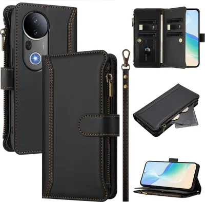 Produktbild von Handyhülle für Vivo S20 Pro Reißverschluss Geldbörse Kunstleder Klapphülle mit Kartensteckplatz, Ständer, Handschlaufe Schwarz