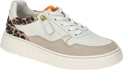 A single white sneaker with leopard print accents is shown against a white background.