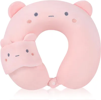 Imagen del producto de Almohada para el cuello en forma de U, diseño de oso rosa, tamaño infantil, ideal para viajes