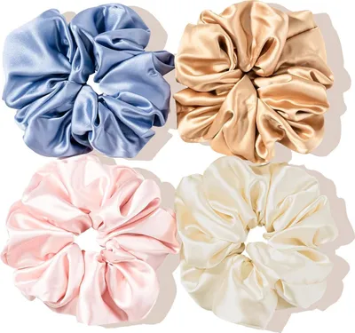Produktbild von (4 Stück) Große Haargummis Seide Scrunchies Satin für Damen, Haargummi Weich Elastisch Silk Skrunschis Groß für Damen Frauen Mädchen 4 Farben - A