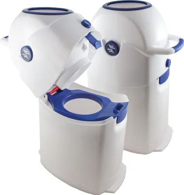 Two white and blue diaper disposal units are shown against a white background. One unit is open, revealing its interior.