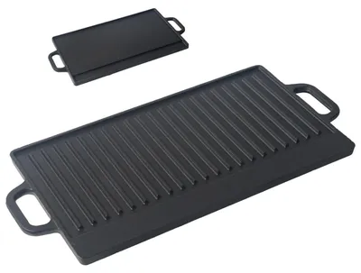 Produktbild von Grillplatte aus Gusseisen 1-2 Stück 50x23,5cm Wendeplatte emailliert Grillpfanne Burgerplatte BBQ Plancha für Gasgrill Holzkohlegrill Herd Backofen Lagerfeuer geriffelt glatt schwarz