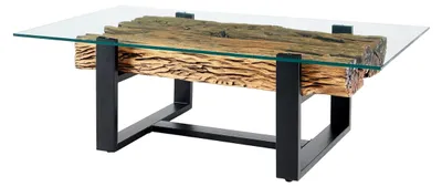Produktbild von Design Couchtisch Barracuda 130 cm aus recyceltem Teakholz und Glas im Industrial-Stil, Beistelltisch für das Wohnzimmer