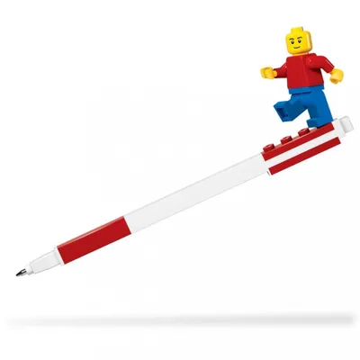 A LEGO gel pen with a LEGO figure on top, shown against a white background.