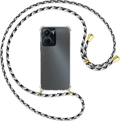 Produktbild von Handykette Backcover-Schutzhülle mit Band (Metall goldfarben) für vivo Y16 4G (6.51'') - schwarz/grau/weiß