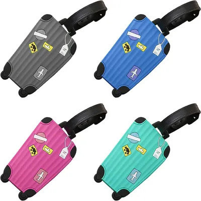 Produktbild von 4er-Pack Gepäckanhänger, Silikon-Gepäckanhänger, bunte Cartoon-Gepäckanhänger mit Adressanhänger, Gepäckanhänger zur Kennzeichnung von aufgegebenem Gepäck, um Gepäckverlust zu vermeiden (Hellblau, Rosa, Rot, Blau, Grau)