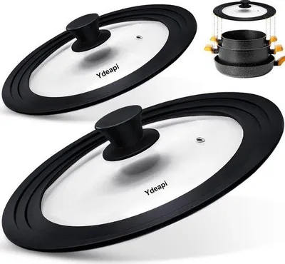 Produktbild von Unyqoos® 2er-Set Universal-Topfdeckel aus gehärtetem Glas mit Silikonrand – für Ø 16/18/20 & 24/26/28 cm, Dampföffnung, spülmaschinenfest