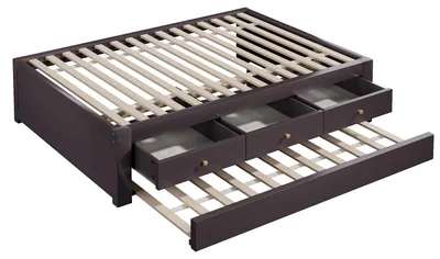 Produktbild von Holzbett 90×200 cm Braun, mit 3 Schubladen und ausziehbarem Gästebett, ohne Matratze