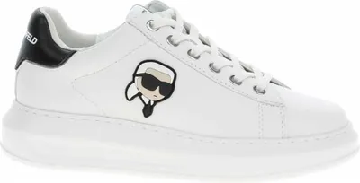 A single white Karl Lagerfeld sneaker with a black heel accent and a cartoonish Karl Lagerfeld graphic on the side.