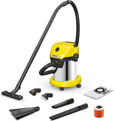 A Kärcher wet/dry vacuum cleaner with various attachments and accessories, displayed on a white background.