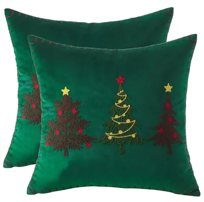 Immagine prodotto di Cuscini decorativi natalizi in velluto, 45x45 cm, verde, set da 2 con motivo di alberi di Natale