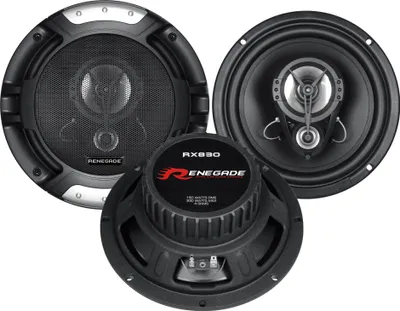 Three car speakers are arranged in a group on a white background.