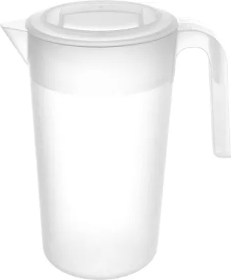 A clear, professional studio shot of a white plastic pitcher with a lid, isolated on a white background.