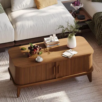 Image de Table basse en bois avec espace de rangement, dimensions 100x48x40 cm, finition noyer