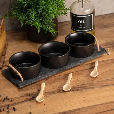 Produktbild von 7-teiliges Servierschalen-Set schwarz mit Löffel und Platte