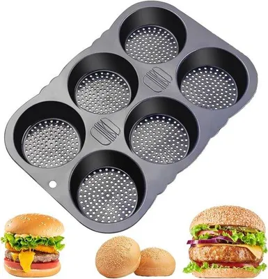 Immagine prodotto di Stampo per hamburger in silicone - Resistente al calore - 6 cavità - 34,5 x 23,5 x 4 cm - Stampo per hamburger antiaderente - Nero