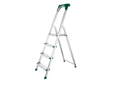 A silver and green four-step household ladder is shown against a white background.