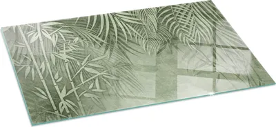 Produktbild von Funkenschutzplatte – Glasbodenplatte für Kaminofen – Kaminunterlage aus Glas – 100x50 cm – Feuerfeste Ofenbodenplatte – Hitzebeständige Schutzplatte für Kamin – Transparente Bodenschutz Glasplatte – Tropische Blätter im Hintergrund