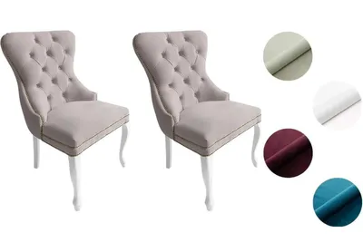 Produktbild von Chesterfield Stuhl MADAME 2 (2 Stück) – eleganter Polsterstuhl im Glamour-Stil, Samt Hellgrau, Holzbeine in Weiß, Komfortsitz