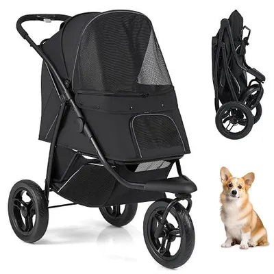 Imagen del producto de Carrito plegable para perros, capaz de transportar mascotas de hasta 25 kg. Carrito para gatos con 3 ruedas, ideal para mascotas. Carro para animales con toldo solar ajustable, ventanas de malla, cesta y acolchado. Carrito para mascotas, apto para gatos y perros ()