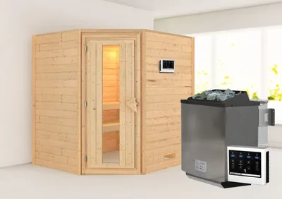 Produktbild von Karibu Sauna Innensauna Mia Eckeinstieg  Ofen 9 kW  externe Strg easy 196x169x198 cm  ohne Dachkranz mit Energiespartür