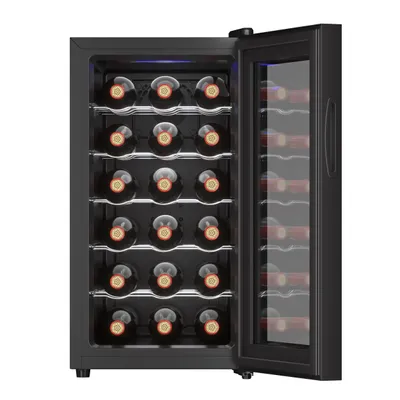A black wine cooler with its door open, filled with wine bottles.
