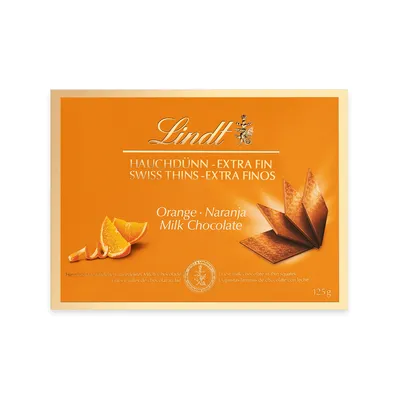 Obrázek produktu pro Lindt Thins Orange Mléčná čokoláda s příchutí pomeranče 125g