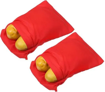 Obrázek produktu pro Ibenzoa® Sada 2 mikrovlnných sáčků na brambory – 100% polyester, červená barva, rozměry 25 x 18,5 cm, opakovaně použitelné a pratelné, pro rychlé a rovnoměrně uvařené brambory