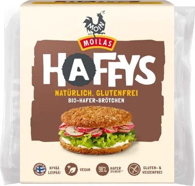 The image shows the front packaging of Moin Haffys Bio-Hafer-Brötchen.