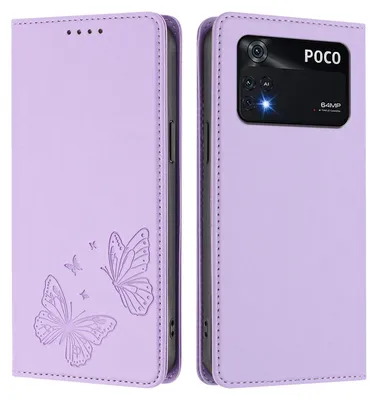 Produktbild von Lederhülle für Xiaomi Poco M4 Pro 4G, Schmetterling Prägung Leder Brieftasche Schutzhülle mit Ständer Violett