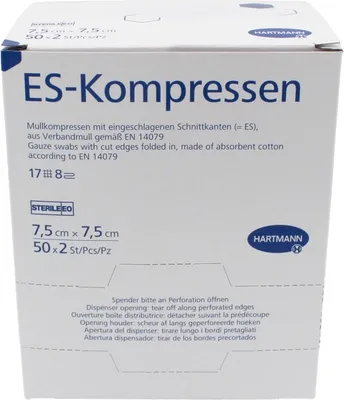 Produktbild von Hartmann ES Mullkompressen steril 7,5 x 7,5 cm, 17-fädig, 8-fach (1 Packung = 50 x 2 Stück)