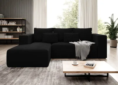 Produktbild von Easy4You Ecksofa Schwarz Stripes L-Form in Kord – 255 cm - Schlafsofa mit Bettzeugbehälter und Schlaffunktion - Eckcouch mit Stauraum - Links –  Stoff Kord POSO 135