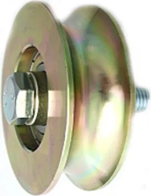 A close-up studio shot of a metal roller wheel with a bearing and bolt.