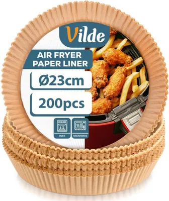 Zdjęcie produktu dla Vilde | Wkład do frytownicy powietrznej - Brązowy - 23x23 cm - Okrągły - 200 sztuk - Jednorazowy papier do pieczenia - Papier do pieczenia do frytownicy powietrznej
