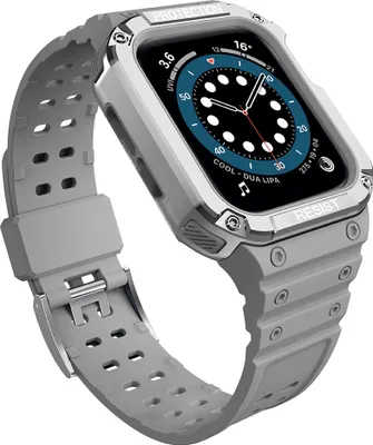 Zdjęcie produktu dla Protect Strap Band opaska z etui do Apple Watch 9 / 8 / 7 / 6 / 5 / 4 / 3 / 2 / SE / SE2 (41 / 40 / 38mm) obudowa pancerny pokrowiec na zegarek szary / srebrny