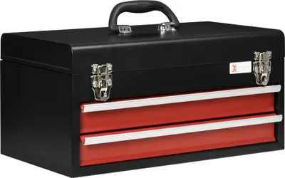 Produktbild von Abschließbarer Werkzeugkoffer aus Stahl mit 2 Schubladen - Schwarz/Rot - 46x24x22cm - Robuster Werkzeugkasten für Profi-Werkzeuge