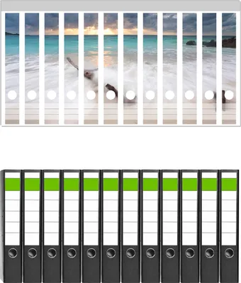 Produktbild von Wallario 12 Stück schmale Ordner inkl. Klebeetiketten mit Motive Wellen am Strand bei Sonnenuntergang -  Set mit Rückenschildern / Ordnerrücken Stickern