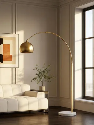 Zdjęcie produktu dla Złota lampa stojąca do salonu, 175 cm, lampa łukowa z regulacją jasności za pomocą przełącznika nożnego i marmurową podstawą, nowoczesna lampa do czytania do sypialni lub gabinetu