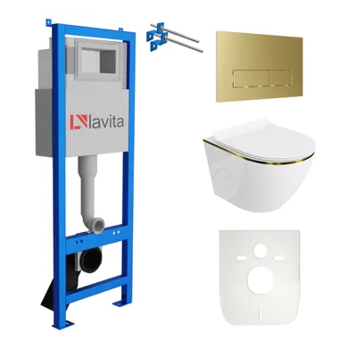 Produktbild von Lavita LAV 101 Vorwandelement für WC 40cm + Wand Hänge Tiefspül WC SOFI SLIM GOLD LINE Spülrandlos + Bedienplatte LAV 200.3.5 Gold | Komplettset | Unterputz Spülkasten | Toilette Komplett Sett