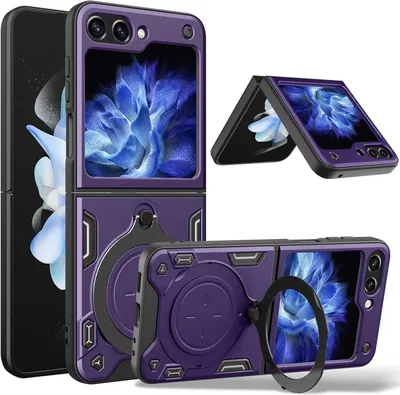 Produktbild von Handyhülle für Samsung Galaxy Z Flip 5 Dual-Layer Stoßfest Rüstung Hülle mit Dia Kameraschutz und Kreisförmig Ring Ständer Lila