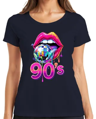Obrázok produktu pre Dámske tričko s potlačou v štýle 90. rokov, diskogulička, pery, pop art, neón, retro, party, darček, tmavomodrá, veľkosť M