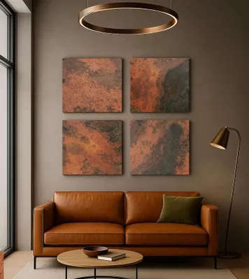 Produktbild von CopperAndCraft Kupfer Wandkunst 4er Set, Handgefertigtes Metallbild mit Patina, Rustikale und Moderne Wanddeko für Wohnzimmer Küche Kaminwand,