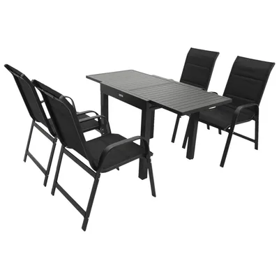 A black outdoor dining set with a table and four chairs, shown on a white background.