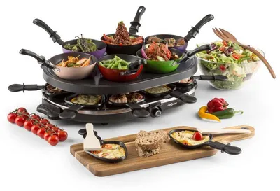Obrázok produktu pre oneConcept woklette, raclette gril, 1200 W, 8 panvíc, drevenej špachtle, čierny