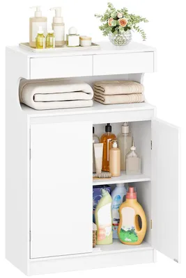 Image de Armoire de salle de bain avec 2 tiroirs, 2 portes et étagère réglable, dimensions 30x60x90 cm, couleur blanche, modèle SC63903X