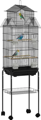 Image de PawHut Cage à oiseaux sur pied, volière sur roulettes avec balançoire, poignée portable, 4 mangeoires, support, design maison, cage pour pinsons, canaris et perruches 50,5 x 41 x 163 cm en acier noir