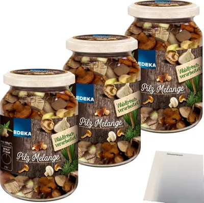 Produktbild von EDEKA Pilz Melange waldfrisch Mischung aus Pﬁfferlingen Shiitake Kräuterseitlinge Champigons 3er Pack (3x290g Glas) + usy Block