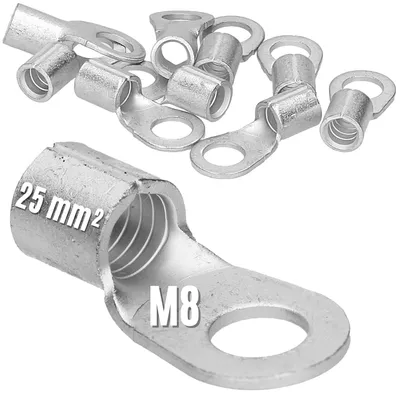 Immagine prodotto di 10 connettori a crimpare Kalitec Q25-8, sezione 25mm², filettatura M8, unipolari, isolati, pressati a punzone, adatti a conduttori multifilari, a fili sottili e a fili finissimi. Morsetto a crimpare da 25mm² conforme alla norma DIN 46234